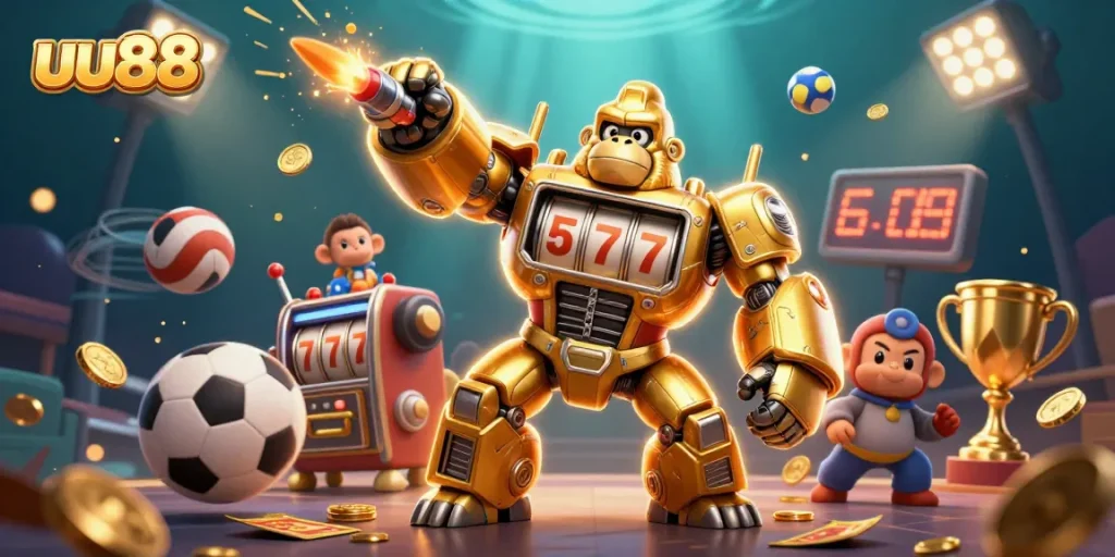 Experience thrilling gameplay at uu88 with dynamic sports and casino elements in this vibrant illustration.