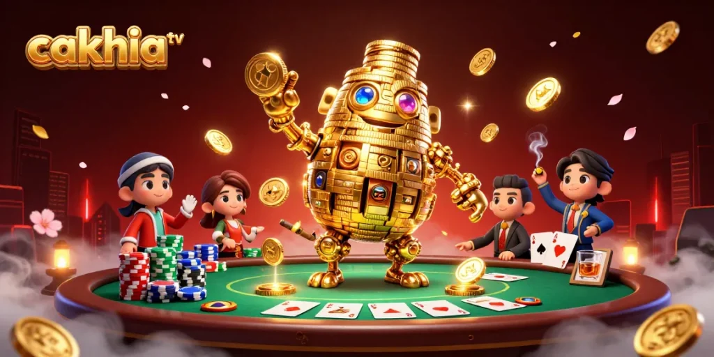 Enjoy thrilling moments on cakhia tv featuring a golden golem amidst vibrant casino elements.