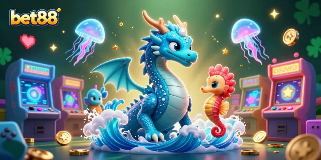 Engage with bet88's thrilling gaming universe featuring magical creatures and casino elements in a vibrant scene.